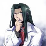  1boy black black_hair eyebrows glasses labcoat long_hair lowres red_neckwear saga saga_frontier solo 