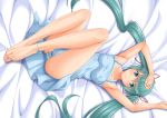  aqua_eyes aqua_hair barefoot bed chiro dress hatsune_miku long_hair panties striped_panties summer_dress twintails underwear vocaloid 