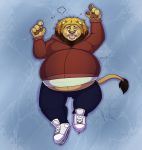  absurd_res belly big_belly claws clothed clothing felid flying_sweatdrops fur hi_res hoodie huff ice ice_skates lion lying male mammal mane moobs obese obese_male on_back overweight overweight_male pantherine shikakaka solo sweat sweatdrop tan_fur tongue tongue_out 