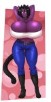  2019 absurd_res anthro belt big_breasts black_hair black_nose blush boots breasts cleavage clothed clothing collar digital_media_(artwork) domestic_cat felid feline felis female footwear fur green_eyes hair hi_res high_heels huge_breasts hyper hyper_breasts jeans lanie_bannister_(lildredre) legwear looking_at_viewer mammal marauder6272 midsection pants shoes simple_background smile solo spiked_collar spikes standing tube_top voluptuous 