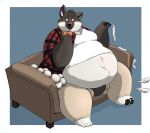  anthro barefoot belly belly_overhang big_belly black_fur blush bulge burger canid canine canis chubby_cheeks clothed clothing diegothedragon food fur holding_food holding_object male mammal moobs navel obese obese_male open_mouth overweight overweight_male sitting smile sofa solo thick_thighs white_fur wolf 