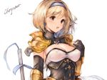  1girl areolae black_gloves blonde_hair bracer breasts brown_eyes cleavage djeeta_(granblue_fantasy) elbow_gloves erect_nipples eyebrows_visible_through_hair gloves granblue_fantasy hairband koretsuki_azuma medium_breasts open_mouth pauldrons see-through short_hair simple_background solo sweat underbust upper_body upper_teeth white_background 