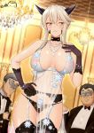  1girl 2boys areolae artoria_pendragon_(all) artoria_pendragon_(lancer_alter) babydoll bangs bare_shoulders beard black_bow black_gloves black_hair black_jacket black_legwear black_neckwear black_panties blonde_hair blush bow bowtie bracelet breasts champagne_flute choker cleavage cowboy_shot craft_essence cup dark_persona drinking_glass dutch_angle facial_hair fate/grand_order fate_(series) garter_belt garter_straps glint gloves grey_hair hair_between_eyes hand_on_hip hand_up holding holding_cup horns indoors jacket jewelry large_breasts light_particles lingerie long_hair looking_at_viewer mask mole_on_cheek multiple_boys mustache navel necklace open_clothes open_jacket panties parted_lips ppshex revealing_clothes royal_icing see-through shiny shiny_skin shirt sidelocks skindentation smile solo_focus sparkle thighhighs tuxedo underwear white_shirt yellow_eyes 