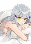  1girl bangs bed_sheet blanket breasts covering_mouth cross_hair_ornament facial_mark girls_frontline green_eyes hair_ornament hasegawa_(rarairairai) highres hk416_(girls_frontline) long_hair looking_at_viewer lying nude on_bed on_stomach pillow pillow_hug sidelocks silver_hair simple_background solo white_background 