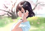  bare_arms black_hair blurry blurry_background cherry_blossoms commentary_request dot_nose eyebrows_visible_through_hair face from_side hand_in_hair komeo15 leaf leaves_in_wind looking_afar original outdoors parted_lips shirt short_hair solo tree watch white_shirt wristwatch 