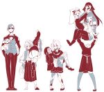  1boy 6+girls ahoge animal bandage carrying carrying_over_shoulder carrying_overhead covering_face dog facial_scar hetareeji highres holding holding_animal hoshikawa_lily jacket_on_shoulders konno_junko limited_palette minamoto_sakura mizuno_ai multiple_girls nikaidou_saki princess_carry romero_(zombie_land_saga) scar severed_head skirt slippers stitches sunglasses tatsumi_koutarou white_background yamada_tae yuugiri_(zombie_land_saga) zombie_land_saga 