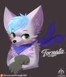  &lt;3 2019 ambiguous_gender blue_hair blush canid canine claws cub fox fur green_eyes hair hi_res inner_ear_fluff looking_at_viewer mammal scarf senz smile solo standing tommy_(tornato33) white_fur young 