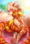  2018 amber_eyes anthro beach bikini breasts butt buxbi_(character) claws clothed clothing digital_media_(artwork) felid female hair hi_res mammal outside pantherine pawpads pink_nose pink_pawpads seaside side_boob smile solo stripes swimsuit thick_thighs tiger toe_claws vera_(artist) white_hair 