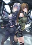  3girls absurdres ak-12_(girls_frontline) ass braid breasts brown_hair butt_bump butt_crack character_request commentary_request egoist-001 english_text eyes_closed flashbang french_braid girls_frontline headphones highres large_breasts m4a1_(girls_frontline) mechanical_arm multiple_girls pants platinum_blonde_hair shorts st_ar-15_(girls_frontline) tactical_clothes 