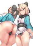  1girl ass black_panties blonde_hair blush bow cameltoe close_mouth closed_mouth cowboy_shot fate/grand_order fate_(series) hair_between_eyes hair_bow highres huge_ass lifted_by_another long_sleeves nose_blush okita_souji_(fate) okita_souji_(fate)_(all) panties shiny shiny_skin sikijou77o simple_background solo_focus thick_thighs thighs thong underwear white_background wide_hips 