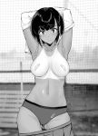  1girl arms_behind_head bandaid bandaids_on_nipples black_hair blurry blurry_background blush commentary_request eyebrows_visible_through_hair frown gentsuki highres monochrome navel net original panties pasties short_hair skirt skirt_pull solo tan tanline tsurime underwear 