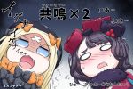  2girls abigail_williams_(fate/grand_order) bangs black_bow black_dress black_hair blonde_hair blue_eyes blush bow chibi commentary_request crossed_bandaids dress fang fate/grand_order fate_(series) flying_sweatdrops fur_trim hair_bow hair_ornament highres katsushika_hokusai_(fate/grand_order) long_hair multiple_girls neon-tetora nose_blush open_mouth orange_bow parted_bangs shaded_face sweat translation_request 