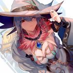  1girl amulet bangs blue_hair blurry blurry_background breasts chains character_request cleavage closed_mouth commentary_request detached_sleeves dress dutch_angle from_above fur_collar grimms_echoes hair_between_eyes hat large_breasts long_hair one_eye_closed red_eyes solo walzrj white_dress witch_hat 