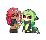  2girls artist_request bangs closed_mouth dark_skin domino_mask holding holding_hair inkling long_hair long_sleeves looking_at_viewer lowres mask multiple_girls octarian octoling pointy_ears red_hair simple_background splatoon splatoon_(series) splatoon_2 splatoon_2:_octo_expansion squidbeak_splatoon suction_cups tentacle_hair vest white_background yellow_eyes yellow_vest 