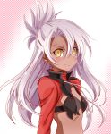  1girl black_bra blush bra breasts chloe_von_einzbern dark_skin eyebrows_visible_through_hair fate/kaleid_liner_prisma_illya fate_(series) floating_hair hair_between_eyes highres long_hair long_sleeves looking_at_viewer ngv3553 red_sleeves shiny shiny_hair shrug_(clothing) sideboob silver_hair small_breasts smile solo tied_hair underwear upper_body very_long_hair yellow_eyes 