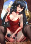  1girl ahoge alcohol azur_lane bangs bare_shoulders beluga_dolphin black_hair black_panties blush breasts censored choker cleavage cocktail_dress collarbone cum cum_in_pussy cup dress drooling eyebrows_visible_through_hair hair_between_eyes hair_ornament highres holding holding_cup large_breasts long_hair looking_at_viewer masturbation mosaic_censoring object_insertion open_mouth overflow panties panties_aside pussy red_choker red_dress red_eyes smile solo spread_legs sweat taihou_(azur_lane) taihou_(forbidden_feast)_(azur_lane) thighhighs underwear vaginal vaginal_object_insertion very_long_hair 
