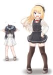  2girls ;d ahoge asashio_(kantai_collection) asashio_(kantai_collection)_(cosplay) black_hair black_legwear blonde_hair blue_eyes blue_sailor_collar comiching cosplay costume_switch dress eyebrows_visible_through_hair full_body grey_footwear hat highres jervis_(kantai_collection) jervis_(kantai_collection)_(cosplay) kantai_collection long_hair long_sleeves looking_at_viewer mary_janes multiple_girls one_eye_closed open_mouth pinafore_dress remodel_(kantai_collection) sailor_collar sailor_dress sailor_hat shirt shoes simple_background smile thighhighs v-shaped_eyebrows white_background white_dress white_shirt 