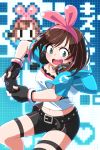  &gt;:d belt controller fingerless_gloves game_controller gamepad gloves green_eyes headphones highlights highres hood hoodie jewelry john_su kizuna_ai multicolored_hair navel necklace pixel_art ribbon short_shorts shorts shouting studded_belt 