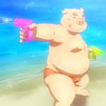  2014 anthro barazoku beach belly bulge clothing domestic_pig humanoid_hands male mammal moobs navel nipples one_eye_closed overweight overweight_male penta002 seaside solo suid suina sus_(pig) swimsuit tongue tongue_out water wink 