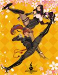  2girls alternate_costume ayane_(doa) bed_sheet black_legwear blue_ribbon bodysuit breasts brown_eyes brown_hair capelet clenched_hand dead_or_alive dead_or_alive_6 full_body greaves hair_ribbon high_heels high_kick highres hood hooded_capelet kasumi_(doa) kicking large_breasts leotard lips long_hair long_legs metalhanzo motion_blur multiple_girls ninja over-kneehighs pantyhose ponytail purple_hair red_eyes ribbon siblings sisters source_request spread_legs thick_thighs thigh_strap thighhighs thighs vambraces watermark web_address 