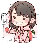  1girl ahoge akb48 apple apple_print artist_name backpack bag bangs black_eyes black_hair blush chibi food fruit grin holding holding_food holding_fruit hood hood_down hooded_jacket jacket long_hair long_sleeves mole mole_under_mouth murayama_yuiri o_o pink_jacket print_shirt real_life shirt smile solo taneda_yuuta upper_body vertical-striped_jacket 