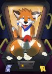  absurd_res anthro anus arcade balls biped canid canine cum cum_in_ass cum_inside digital_media_(artwork) english_text first_person_view fox hi_res machine male mammal neoanton_(artist) penis solo text thebestf0x ych 