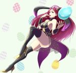  1girl animal_ears arm_warmers armpits black_legwear braid breasts bunny_ears bunny_tail bunnysuit cleavage ear_piercing easter_egg egg fire_emblem fire_emblem_heroes full_body gold_footwear gzo1206 hand_to_own_mouth high_heels loki_(fire_emblem_heroes) long_hair looking_at_viewer medium_breasts nintendo open_mouth patterned_background piercing purple_eyes purple_hair purple_headwear see-through solo tail thighhighs thighs 