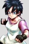  1girl bangs black_gloves black_hair blue_eyes clenched_hands collarbone commentary_request dragon_ball dragonball_z eyelashes fighting_stance flat_color gloves grey_background hands_up open_mouth purple_shirt shirt short_hair sleeveless sleeveless_shirt solo st62svnexilf2p9 upper_body v-shaped_eyebrows videl white_shirt 