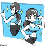  1nsert-art-here ass blue_tank_top breasts cleavage flexing grey_hair highres large_breasts nintendo no_pupils pants pose sparkle tank_top thumbs_up tongue tongue_out wii_fit wii_fit_trainer yoga_pants 