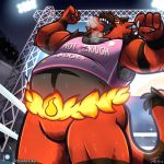  2019 anthro armpit_hair belly biceps big_belly biped breath cheek_tuft claws clothing digital_media_(artwork) english_text felid fur hi_res incineroar inside lights low-angle_view male mammal multicolored_fur musclegut muscular muscular_male nintendo open_mouth patreon pecs pok&eacute;mon pok&eacute;mon_(species) signature solo sweat tanio text tuft video_games watermark wrestling 