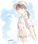  1girl baseball_cap baseball_uniform black_eyes black_hair blush clothes_writing fukagawa_mai hashtag hat mole mole_under_mouth nogizaka46 pale_color pants ponytail raglan_sleeves real_life short_sleeves sketch smile solo sportswear taneda_yuuta 