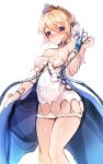  1girl absurdres bare_shoulders blush bracelet breasts covered_navel crown detached_sleeves dress europa_(granblue_fantasy) granblue_fantasy harigane_shinshi highres jewelry orange_hair purple_eyes simple_background solo white_background 