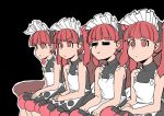  4girls apron bare_shoulders black_background black_dress bonnet commentary_request couch dress eyebrows_visible_through_hair eyes_closed gaijin_4koma hair_ribbon higa_norio interlocked_fingers jpeg_artifacts kemurikusa looking_to_the_side meme multiple_girls outline pink_ribbon red_eyes red_hair ribbon rina_(kemurikusa) simple_background sitting sleeveless sleeveless_dress twintails v-shaped_eyebrows white_outline 