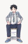  1boy ahoge black_eyes black_hair blazer blue_pants chair clenched_hands collared_shirt commentary_request full_body grey_background grey_jacket hands_on_legs highres jacket male_focus necktie new_balance original pants school_uniform shirt shoes sitting sneakers solo striped taneda_yuuta unmoving_pattern white_shirt 