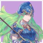  1girl armor blue_armor blue_eyes blush breastplate fire_emblem fire_emblem:_souen_no_kiseki gloves green_eyes green_hair helmet long_hair nephenee nintendo polearm rheamii smile solo spear weapon 