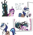  2019 bag changeling door english_text equid female fight friendship_is_magic group hair horn jargon_scott long_hair magic male mammal membranous_wings multicolored_hair my_little_pony princess_cadance_(mlp) queen_chrysalis_(mlp) shining_armor_(mlp) text unicorn winged_unicorn wings 