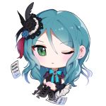  1girl aqua_hair arm_warmers bang_dream! black_feathers black_flower black_footwear black_ribbon blue_flower blue_neckwear boots brooch chibi feathers flower green_eyes hair_feathers hair_flower hair_ornament hikawa_sayo jewelry knee_boots kongya legs_crossed long_hair looking_at_viewer neck_ribbon one_eye_closed red_feathers ribbon sheet_music simple_background sitting solo white_background 