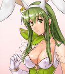 1girl animal_ears breasts bunny_ears bunnysuit cleavage eyebrows_visible_through_hair fire_emblem fire_emblem:_monshou_no_nazo fire_emblem:_shin_ankoku_ryuu_to_hikari_no_tsurugi fire_emblem_heroes flower gloves green_eyes green_hair hair_between_eyes hair_flower hair_ornament hairband hazuki_(nyorosuke) lips long_hair looking_at_viewer medium_breasts nintendo paola parted_lips pink_background simple_background sketch sleeveless smile solo straight_hair upper_body white_gloves 