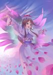  1girl artist_name bangs blue_background brown_eyes brown_hair capelet cherry_blossoms collared_capelet commentary dated dress fairy fairy_wings floating_hair flying hat highres lily_white long_hair looking_to_the_side multicolored multicolored_background open_mouth outstretched_arms petals red_ribbon ribbon riki6 smile solo spread_arms touhou white_capelet white_dress white_headwear wide_sleeves wing_collar wings 