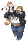  2019 ailurid anthro belly blush brown_fur carrying clothing duo eyes_closed fur humanoid_hands male mammal necktie nikiciy overweight overweight_male pants red_panda shirt teeth ursid whie_background 