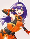  1girl ahoge arm_warmers armpits belt blue_hair bodysuit breasts cowboy_shot fingerless_gloves fire_emblem fire_emblem:_akatsuki_no_megami fire_emblem:_souen_no_kiseki gloves green_eyes headband kankisen lavender_background long_hair looking_at_viewer medium_breasts nintendo one_eye_closed open_mouth orange_gloves ribbed_bodysuit simple_background smile solo turtleneck v wayu_(fire_emblem) 