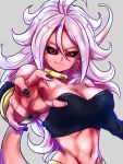  1girl android_21 bandeau bare_shoulders black_nails black_sclera bracelet breasts cleavage closed_mouth collarbone commentary_request curly_hair detached_sleeves dragon_ball dragon_ball_fighterz earrings flat_color grey_background hand_up hoop_earrings jewelry long_hair looking_at_viewer majin_android_21 medium_breasts nail_polish navel neck_ring palms pink_skin red_eyes ring smile solo st62svnexilf2p9 tail upper_body very_long_hair white_hair 