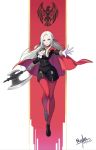  1girl absurdres artist_request axe blonde_hair blue_eyes cape cravat edelgard_von_hresvelgr_(fire_emblem) fire_emblem fire_emblem:_fuukasetsugetsu gloves hair_ornament hair_ribbon highres long_hair looking_at_viewer nintendo pantyhose red_cape ribbon simple_background smile solo uniform weapon white_background 