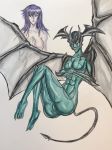  2girls absurdres artist_request copyright_request demon_girl demon_horns demon_tail demon_wings highres horns multiple_girls source_request tail traditional_media wings 