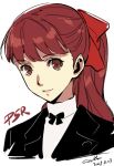  1girl acronym black_jacket blazer dated hair_ribbon jacket persona persona_5 persona_5_the_royal ponytail portrait red_eyes red_hair ribbon shirt shuujin_academy_uniform solo turtleneck werkbau white_shirt 