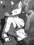  abs absurd_res anthro athletic bikini breasts canid canine canis cigarette clothed clothing dee_(kansyr) female fur greyscale hair half-closed_eyes hi_res inner_ear_fluff kansyr mammal monochrome navel simple_background sketch skimpy smoke smoking solo swimsuit white_fur wolf wristwatch 