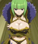  1girl bangs bikini bikini_bottom bikini_top bra brandish_mew breasts chains cleavage closed_mouth coat collarbone collarbones cross crossed_arms earrings eyebrows_visible_through_hair fairy_tail floor green_eyes green_hair happy high_collar highres indoors jewelry large_breasts leg_tattoo long_sleeves matching_hair/eyes midriff navel official_art panties screencap short_hair smile smirk smug solo standing swimsuit tattoo thigh_tattoo underwear upper_body 