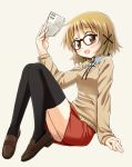 1girl bespectacled black_legwear blush book breasts brown_eyes brown_hair commentary_request full_body glasses hair_ornament hairclip hidamari_sketch highres looking_at_viewer open_mouth percy_pyl school_uniform shoes short_hair simple_background sitting solo thighhighs white_background x_hair_ornament yuno 