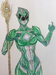  absurdres armor green_ranger helmet highres muscle muscular_female power_rangers power_rangers_(movie) sentai staff tokusatsu traditional_media watercolor_(medium) witch witch_bandora 