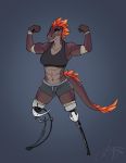  2019 abs amputee anthro clothed clothing digital_media_(artwork) double_amputee female flexing gradient_background hair hi_res lizard muscular muscular_female orange_eyes red_hair reptile scalie simple_background smile solo standing wolfirry 